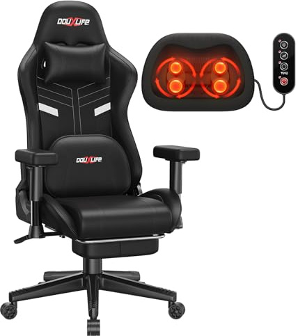 Douxlife Gaming-Stuhl mit Knetmassage, Ergonomischer Bürostuhl mit Fußstütze, Maximaler Neigungswinkel von 175°, Gepolsterte 2D-Armelehnen, Gamer Sessel PC Stuhl, 181KG, Schwarz