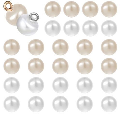 ZEYIYER 30 bottoni con perle bianche e beige, 10 mm, per vestiti, con perla, per cardigan, abiti, camicie, cucito, artigianato fai da te (foro da 2,3 mm)