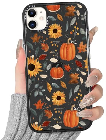 Yirlbey Transparent Handyhülle für iPhone 11 Kürbisse Hülle, Herbst Aesthetic Blumen Fall Muster Schwarze Design Mädchen Geschenk Schutzhülle, Silikon PC-Rückseite Case Cover für iPhone11 6,1