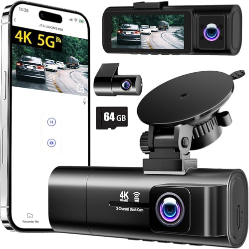 3-Kanal Dashcam Auto 4K+1080P+1080P Vorne Innen Hinten, 3,16 IPS Bildschirm, 5G WLAN mit 64GB SD-Karte, Nachtsicht, G-Sensor, Loop-Aufnahme, 170°-Weitwinkel, 24H Parküberwachung