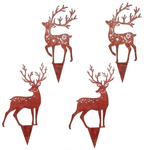 BAPPKON 4 Stück Rostige Rentier Gartenstecker, Hirsch Weihnachtsdeko für Draußen, Winterdeko Outdoor mit Metall, Steckern für Garten, Terrasse & Balkon, Frostsichere Rostoptik