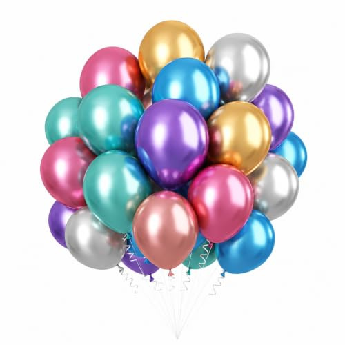 Omrel Metallic Balloons, 50pcs Metallic Rainbow Balloons Birthday Balloons with Pink Blue Gold Green Helium Balloon, Multicoloured Chrome Ballon for Iridescent Party Wedding Engagement Decorations