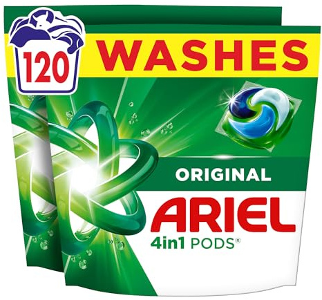 Ariel 4in1 PODS®, Washing Liquid Laundry Detergent Capsules 120 Washes, Original, Stain & Odour Removal in 1 Wash, Great Even in Cold & Short