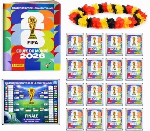 XXL Set Panini Coupe du Monde 2026 Album Original & 350 Stickers, 50 Pochettes, Calendrier des Matchs + Collier de Fleurs Allemagne, Bundle XXL à Collectionner