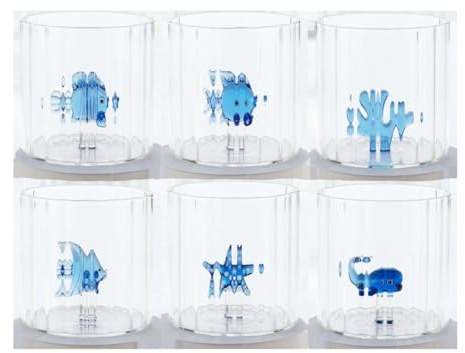 Henriette Set di 6 Bicchieri in Vetro Trasparente Ondulato con Figure Marine Blu, Pesci Stella Marina Corallo Balena, Tema Oceano