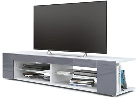 Vladon Lowboard Movie, TV-Kommode mit 4 offenen Fächern und Zierleisten, Weiß matt/Grau Hochglanz (134 x 29 x 39 cm)