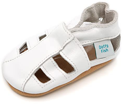 Dotty Fish Sandales pieds nus à semelles souples antidérapantes pour bébés et tout-petits. Chaussures d'été en cuir blanc respirant pour garçons et filles - 6-12 Mois (19 EU)