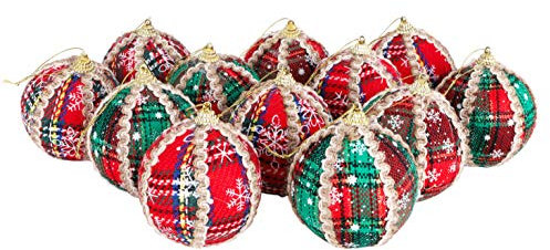 christmasshop 12er Set Weihnachtskugeln Schottenkaro rot mit cremefarbener und schwarzer Dekoration