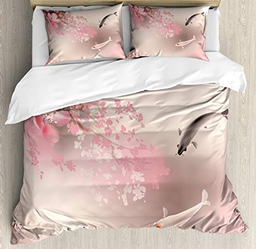 Lunarable Koi Fish Bettbezug-Set, Sakura Blossom in Japan mit Kreaturkultur Natur Orient, dekoratives 3-teiliges Bettwäsche-Set mit 2 Kissenbezügen, Queen-Size-Größe, Hellrosa