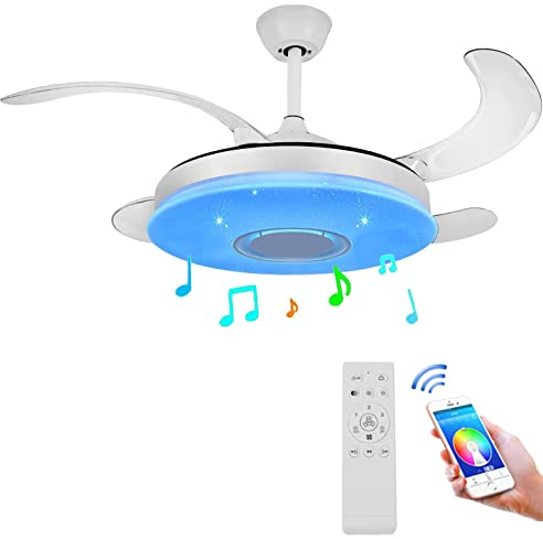 Modern Retractable Blades Ceiling Fan with Light and Remote 36W, Ceiling lamp Dimmable with Bluetooth Speaker Music Ceiling Light, Foldable Chandelier Fan [AC220V, A ++]