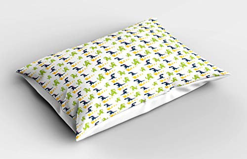 ABAKUHAUS Dinosaurier-Party Kissenbezug, Glücklicher Cartoon-Dino, Dekorativer Standard King Size Gedruckter Kissenbezug, 80 x 40 cm, Gelb Grün