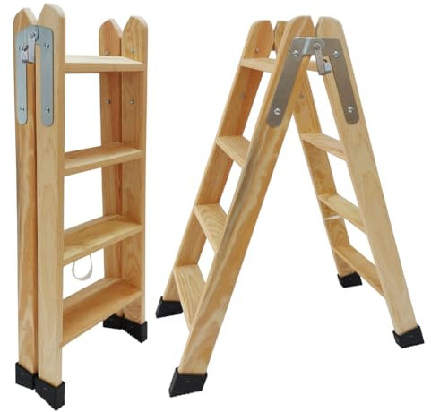 Scaletta a forbice in legno di pino, doppia superficie, certificata Ideale per professionisti, pittori, muratori, elettricisti o anche per la tua casa (4 gradini)