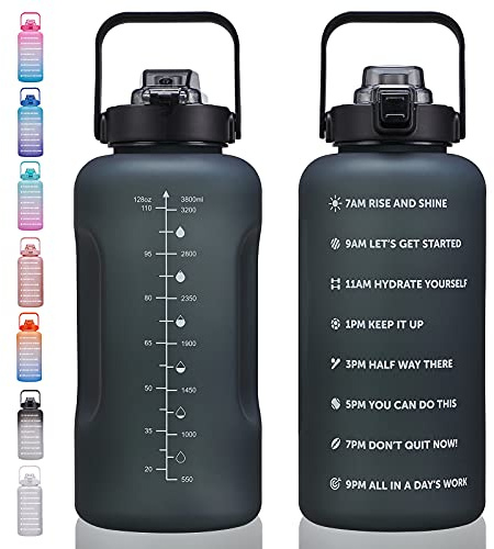 ST-YIBEN 128oz Large Motivational Water Bottle with Time Marker,Leakproof & BPA Free 1/One Gallon Big Black Water Bottle with Straw & Handle Tritan Water Jug for Women Men to Fitness,Gym,Sports