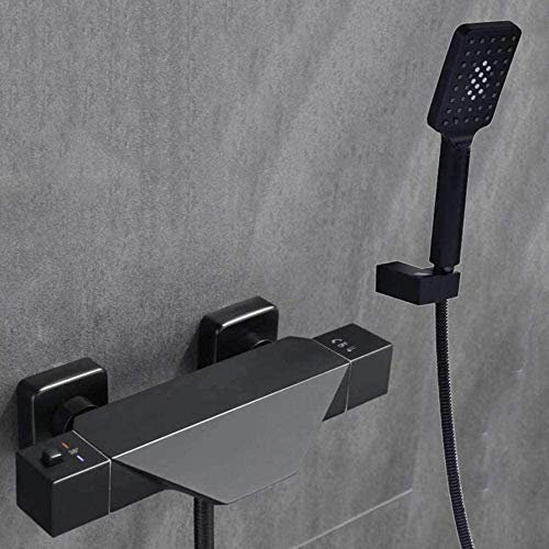 Badewannenarmatur Thermostat Wasserfall Wandhalterung mit Handbrause für Bad Badezimmer Dusche, Mischbatterie Badewannen Armaturen Wasserhahn Badewanne mit Brause-Schwarz-A