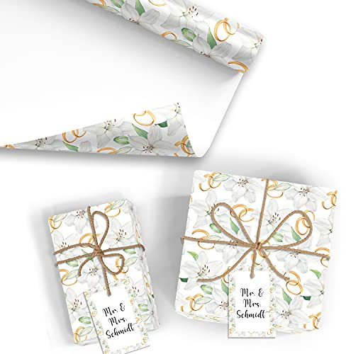 5x Geschenkpapier Motiv Hochzeit Ringe- 5 große Bogen je 70 x 100 cm - verpackt als eine Rolle - inkl. Passende Geschenkanhänger - Umweltfreundliche Geschenkverpackung - Marke Neuser