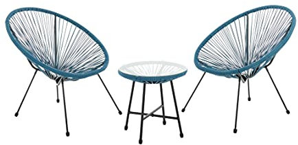 EVRE Goa Teal Acapulco Styled Egg Shape Conversational Garden Furniture Bistro Patio Outdoor Set For Balconies Gardens Terraces 2 Chairs 1 Glass Top Table
