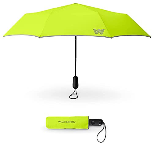 Weatherman Parapluie de voyage – Parapluie compact coupe-vent – Solide et résiste aux vents et aux fortes pluies – Excellent mini parapluie pour sac à dos (jaune fluo)