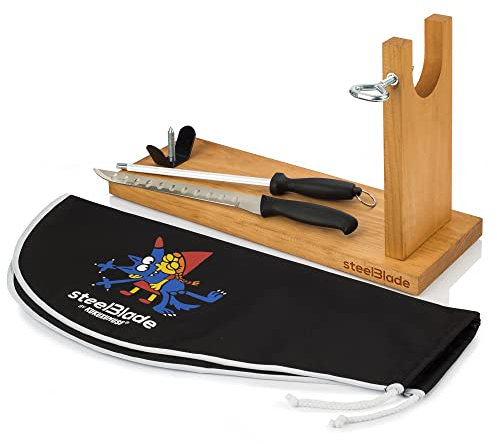 Steelblade Besukao Sitzbank Schinkenabdeckung Kukuxumusu + Schinkenmesser und Chaira-Schinkenhalter ideal für Schinken und Paletten, Holz, Banqueta