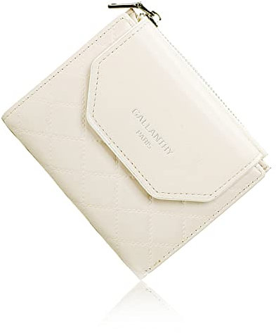 Gallantry Portefeuille Femme Petit Format Matelassé Souple - Porte-Monnaie Carte Tout-en-Un Bi-pli - Similicuir Carreaux Fermeture Éclaire Magnétique - Beige
