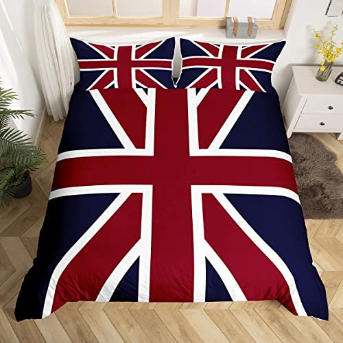 Union Jack Flag Duvet Cover British Flag Bedding Set for Kids Boys Girls Teens Room Red Whit Blue Comforter Cover Set Stripe Bedspread Cover 3Pcs Zipper Double Size
