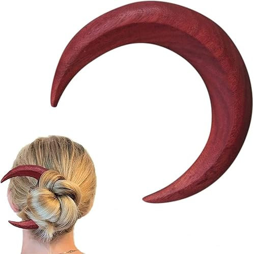 Forchetta per capelli a mezzaluna intagliata a mano, molletta per capelli in legno, a forma di luna fermagli spessi, pettine da donna per accessori per strumenti per acconciature (L, Rosso)