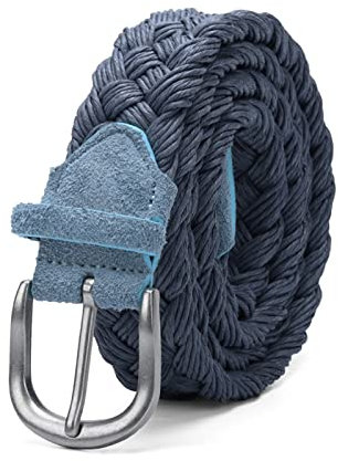 Elegantyl Cintura da uomo in pelle scamosciata con cintura intrecciata in corda di cera Fibbia argentata senza fori Cinture da lavoro manuale in tessuto di cotone, Blu, 110cm