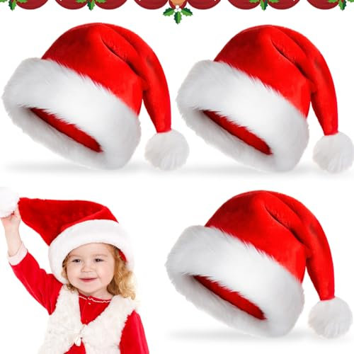 JIASHA 3 Stück Weihnachtsmütze, Nikolausmütze Weihnachtsmann Plüsch Weihnachtsmütze Rot Weihnachten Hüte, für Weihnachten,neues Jahr Unisex Warme Verdickt Party Weihnachten Hüte (3pcs Kind)