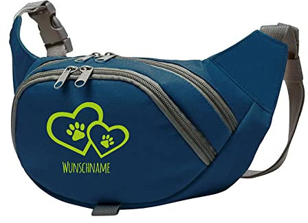 Tierisch-tolle Geschenke Hundesport Bauchtasche Leckerlie-Tasche mit 2 Herzen, 2 Pfoten und Wunschnamen personalisiert | Hundetraining | Leckerlie Beutel (Blau/Apfelgrün)