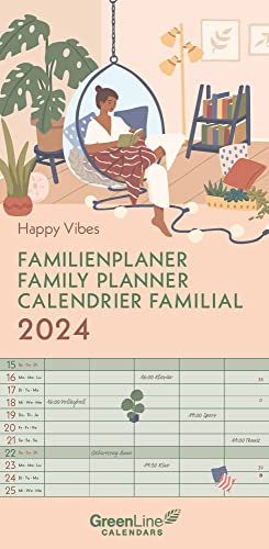 GreenLine Happy Vibes 2024 Familienplaner - Familien-Kalender - Wandkalender - 22x45, Klein