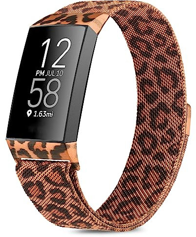 Tobfit für Fitbit Charge 4 Armband, Fitbit Charge 3 Armband für Herren Damen, Metall Verstellbarer Edelstahl Handgelenk Ersatz Armband Kompatibel für Fitbit Charge 4/Fitbit Charge 3(Small,Leopard)