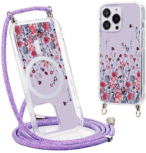 Yoedge Handyhülle Handykette für iPhone 14/iPhone 13 6,1 Hülle mit Band, Magnetisch Case Kompatibel mit Magsafe, Silikon Stoßfest Schutzhülle Kordel zum Umhängen Cover mit Aesthetic Muster 4-Blumen