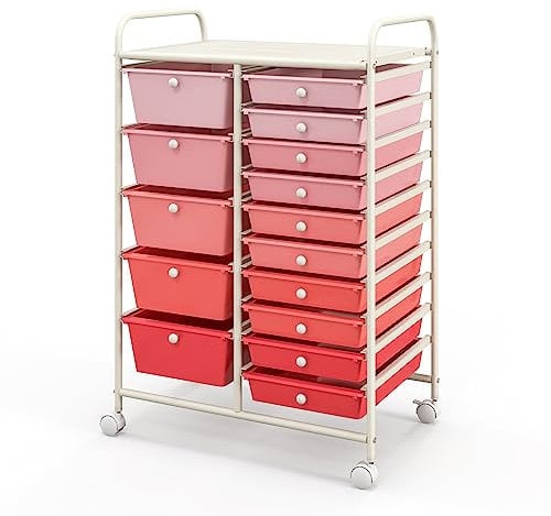 COSTWAY 15 Drawers Storage Trolley, Home Office Stationary Rolling Cart with 4 Wheels, Multipurpose Mobile Organiser Shelving Unit for Makeup Beauty Salon (Gradient Pink)