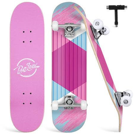 Skateboard 31x8 Zoll, Komplette Cruiser Skateboard für Kinder Erwachsene Jugendliche, 7-Lagiger Kanadischer Ahorn Double Kick Deck Concave mit All-in-one Skate T-Tool für Anfänger