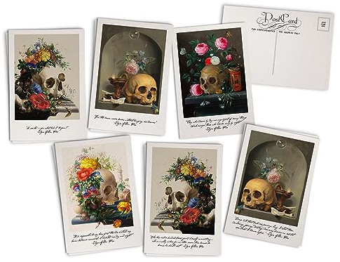 Antike Totenköpfe und Blumen Postkarten – 24 Vintage-Stillleben-Postkarten – 6 verschiedene Retro-Buch-Illustrationskarten mit Edgar Allen Poe-Zitaten – gedruckt auf strukturiertem Vintage-Karton