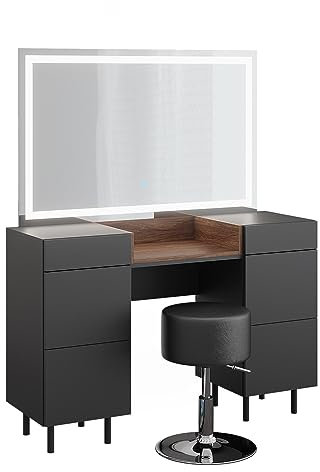 Vicco Schminktisch Anika, Anthrazit/Nussbaum, 120 cm mit LED Spiegel und Hocker