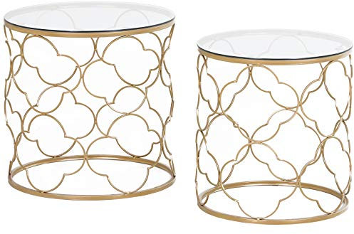 HOMCOM Set di 2 Tavolini da Salotto Impilabili Art Deco, Tavolini da Caffè in Metallo con Piano in Vetro Temperato, Oro
