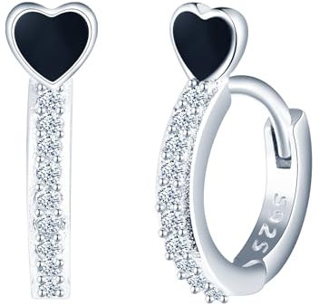 CONILOK Schwarze Herz Zirkon Ohrringe Silber 925 Creolen Ohrhänger Silber Damen Schmuck Ohrring Kleine Geschenke für Frauen Mädchen Beste Freundin Mutter Geburtstag Hochzeit Weihnachtstag Valentinstag