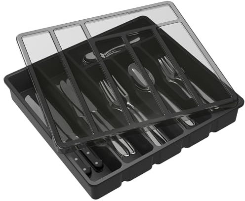Lifewit Range Couverts pour Tiroir avec Couvercle, Boîte de Rangement Couverts de Cuisine, Organisateur de Couverts en Plastique, pour Cuillères Fourchettes, Couteaux, 6 Compartiments, Noir