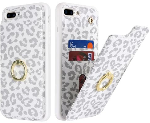 SailorTech für iPhone 7 Plus/8 Plus Handyhülle mit Kreditkartenhalter für Frauen, iPhone 7 Plus/8 Plus Hülle Ring-Ständer Kartenschlitze Standfunktion Modische Tasche für Männer - Weißer Leopard
