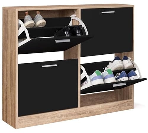 IDMarket KLARK - Zapatero de 16 pares 4 tapas de imitación haya y puertas negras