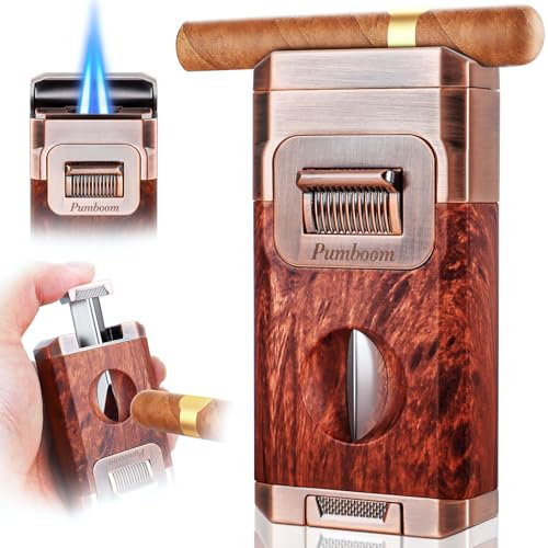 Zigarrenfeuerzeug mit Zigarrenschneider & Zigarrenhalter, Winddichtes Double Jet Flame Sturmfeuerzeug, Butane Feuerzeug mit Hochwertiger Geschenkbox für Männer, Zigarren Zubehör für Outdoor, Camping