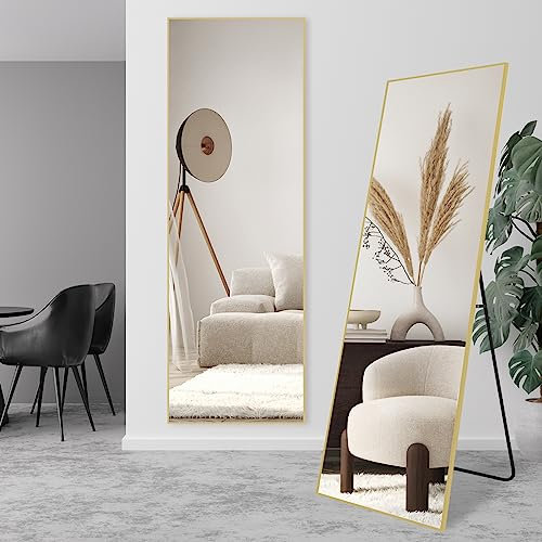 LunaMirror Miroir Intégral 161 x 52 cm Rettangolare Miroir sur Pied Grand Miroir À Poser au Sol pour Chambre à Coucher, Salon et entrée, Verre Trempé, Cadre en Alliage d’Aluminium Doré