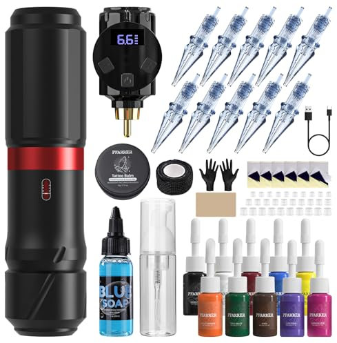 PFARRER Tattoo Maschine Set with 4 Modes 900mAh Akku LCD Digital 10Pcs Tattoo Cartridge 10 Tattoo Inks Kompletter Tattoo Pen Maschine Zubehör PRP83KIT-1