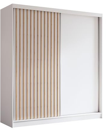 ALTDECOR Kleiderschrank mit furnierten Schiebetüren, kugelgelagerte Führungsschienen und Aluminium-Leisten, LED-Beleuchtung (16 Farben) und Fernbedienung - LABELO - 200 cm Weiß + Weiß + Artisan