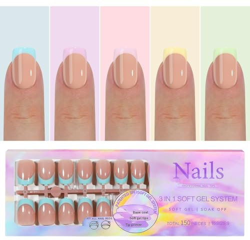 GZMAYUEN Square Press on Nails Nail Tips Pastell Farben, Nude Pastell Blau Lila Rosa Gelb Grün Künstliche Nägel Full Cover Fingernägel Soft Gel Nägel Tips für Nail Extensions 150 Stück 15 Größe