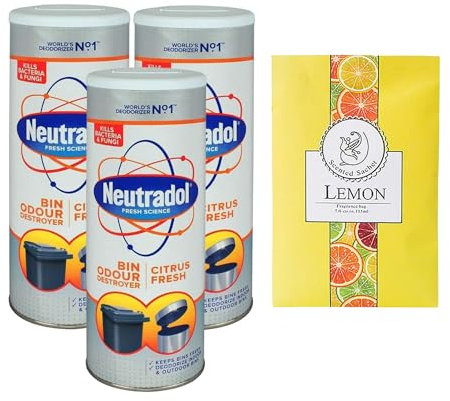 Neutradol Bin Odour Eliminator Bundle – 3 x Citrus Fresh Neutradol Bin Deodoriser 350g + 1 x Lemon Scented Sachets for Wardrobe & Drawers