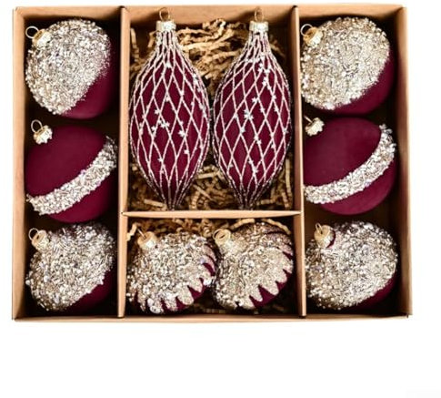 Feegow 10 Stück 80 mm Weihnachtsbaumkugeln, beflockte Diamant-Samt-Weihnachtskugeln, Ornamente, Mini-Kugeln, hängende Kugeln, Weihnachtsschmuck (weinrot)