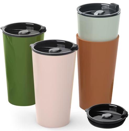 Greentainer Travel Mugs with Lids, Plastic Large Unbreakable Coffee Cups, 600ml Reusable to Go Camping Coffee Tumbler for Cold Water, Beer, Milk, Dishwasher & Microwave Safe, Set of 4