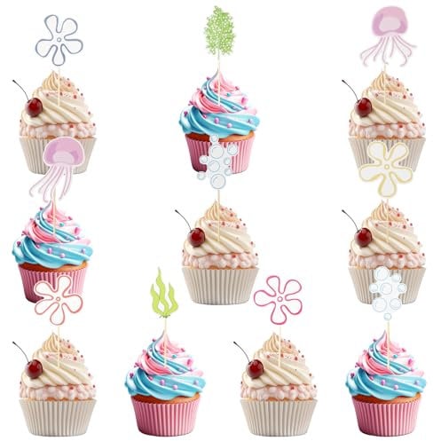 24stk Cupcake-Topper mit Quallen-Blasen-Blumen, Kuchendekorationen mit Unterwasser-Motiv Seesterne Blasen Quallen Seetang Perfekte Cupcake-Topper für Geburtstagspartys und Hochzeiten