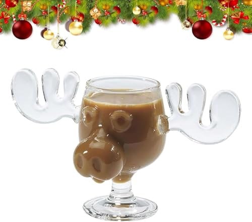 Christmas Eggnog Moose Mug, Christmas Elk Glasses National Christmas Holiday, Xmas Vacation Movie Moose Glass, Glass Safe Packaging, 240ml Clear Coffee Mugs Gifts for Family Friends Party(1pcs